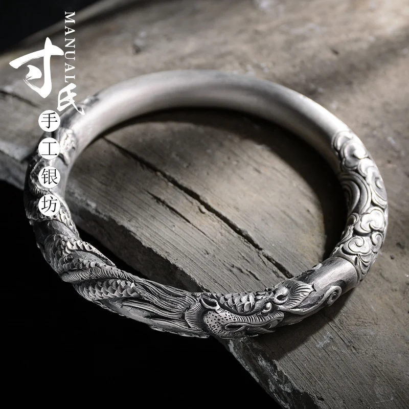 

Longbaozhu Xiangyun Bracelet 999 Silver Handmade Silver Bangle Men's Tyrant Silver Bracelet