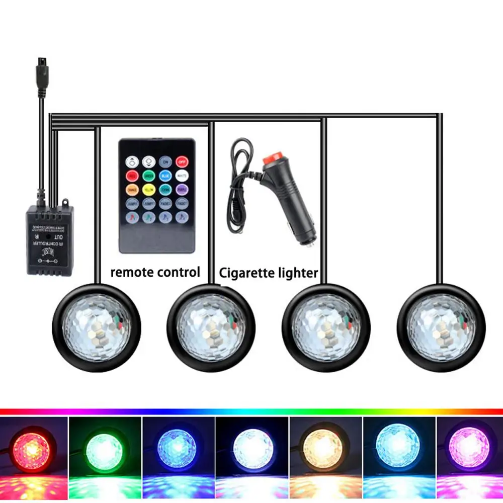 

4 шт. 5/12 в автомобильный RGB светодиодный фонарь для салона автомобиля декоративная лампа с пультом дистанционного управления несколько режи...