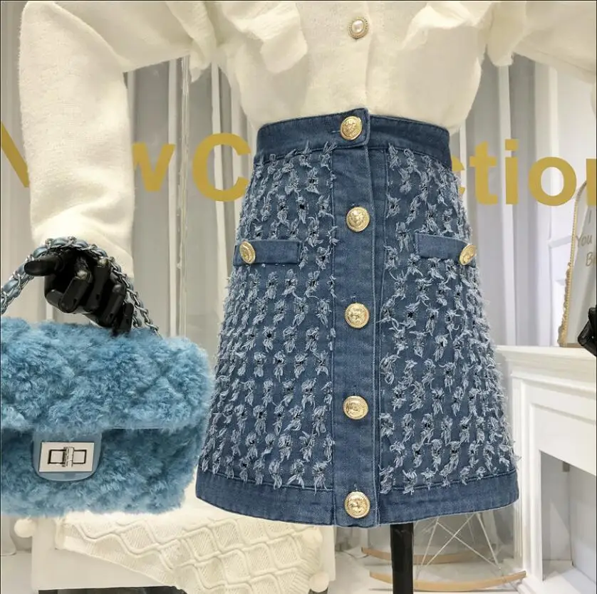 New Spring Vintage Tattered Fringe Denim Skirt Women's Korean High Waist A-line Short Jeans | Женская одежда