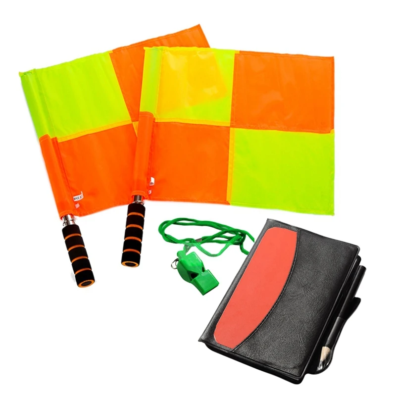 

Soccer Referee Kit Football Checkered Soccer Flags Wallet Notebook with Red Yellow Card and Whistle