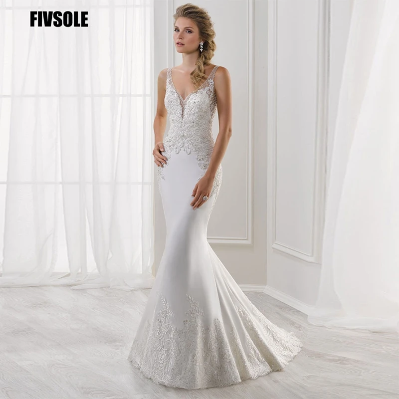 

Fivsole New 2021 White Mermaid Wedding Dress Sleeveless Appliques Satin Buttons Back Boho Wedding Gown Court Train Bride Dress