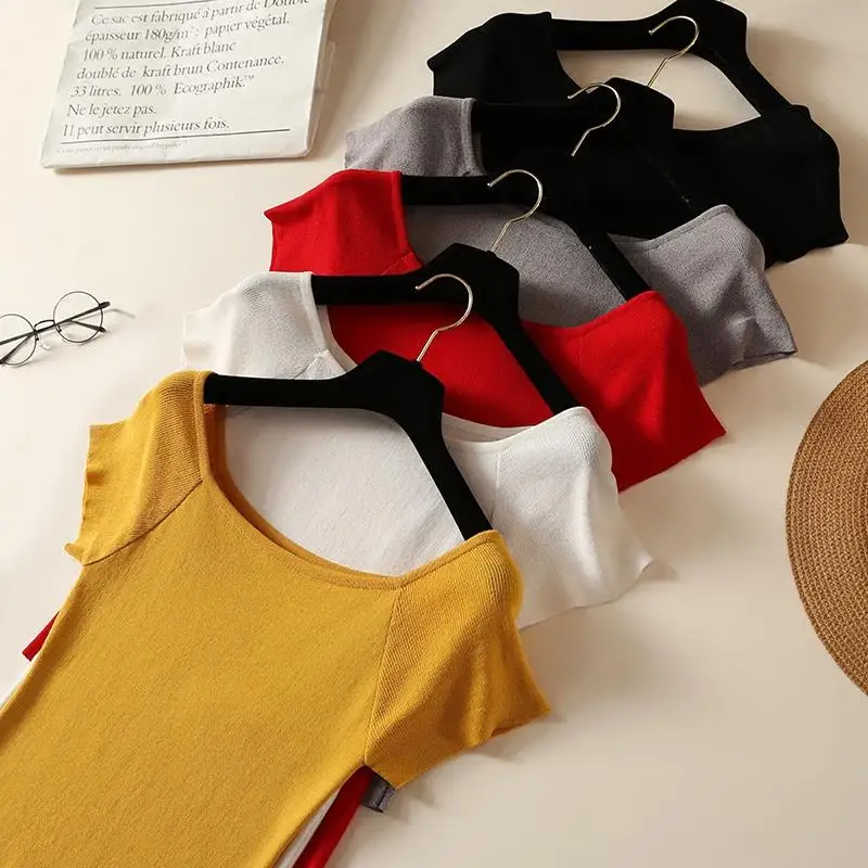 Summer Basic Woman Tshirts Black Korean Tops Women Off shoulder T Shirt Knitted Short Sleeve Female Clothes Fashion White Red