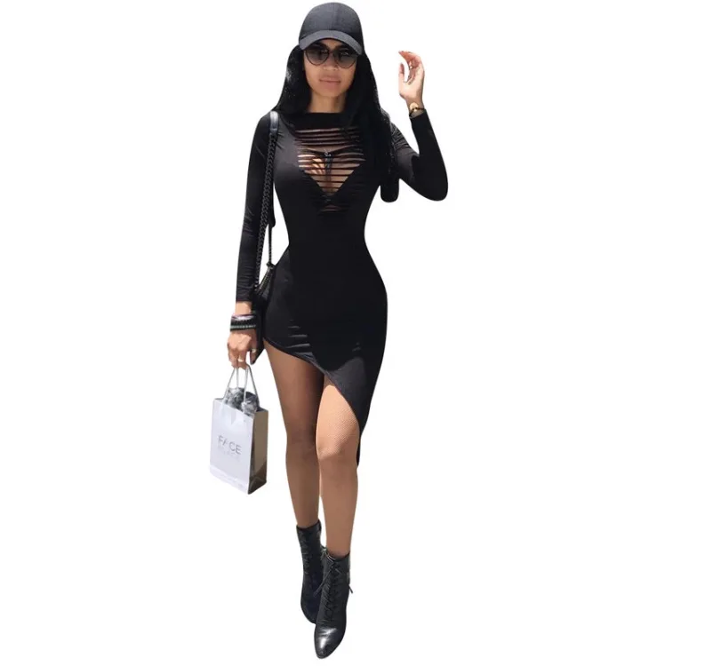 

Women's 2021 New Summer Sexy round Neck Hollow out Irregular Long Sleeve Dress Women's Solid Color plus Size Dress