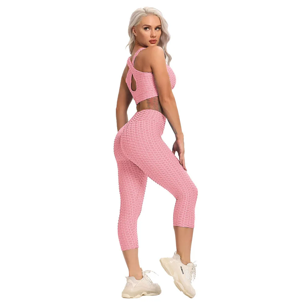 

Booty Yoga Set Fitness Women Calf-Length Pants Sleeveless Workout Suit Sports Bra Crop Top Gym Clothing High Waist Leggings