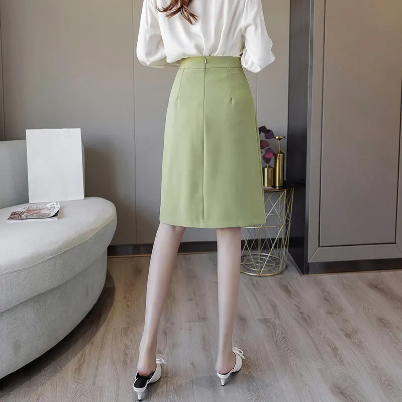 

REALEFT Spring 2020 New Korean OL Style Sheath Wrap Midi Skirts Single Breasted Elegant High Waist Work Wear Pencil Skirts Green