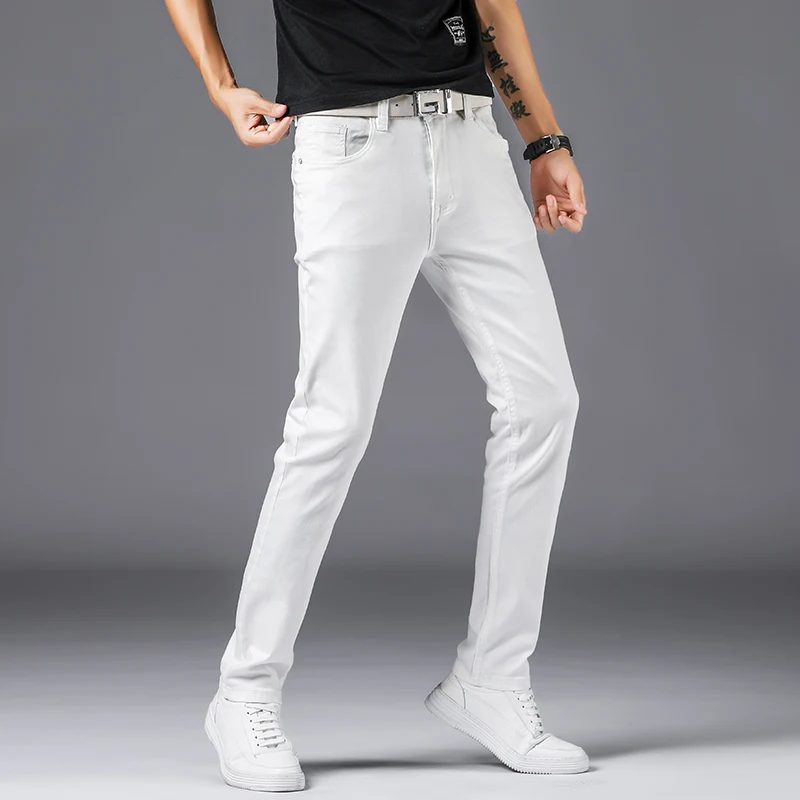 Брюки мужские прямые из денима модные повседневные штаны Slim fit Стрейчевые белые