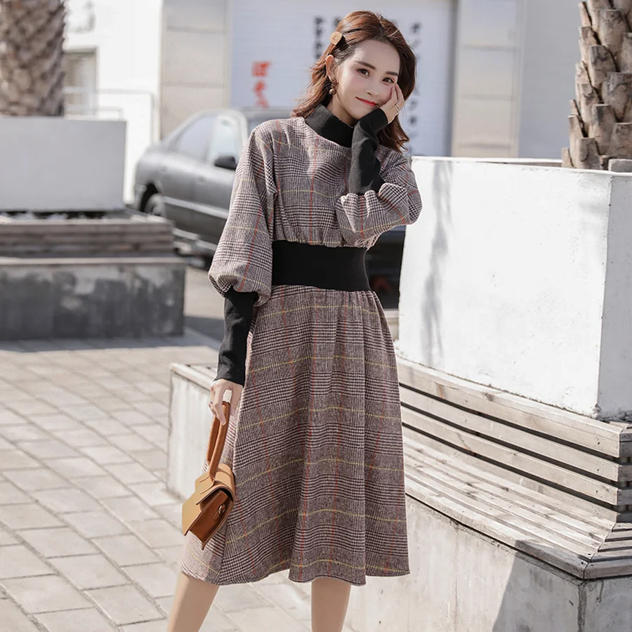 Длинное клетчатое платье в Корейском стиле на осень и зиму винтажное приталенное