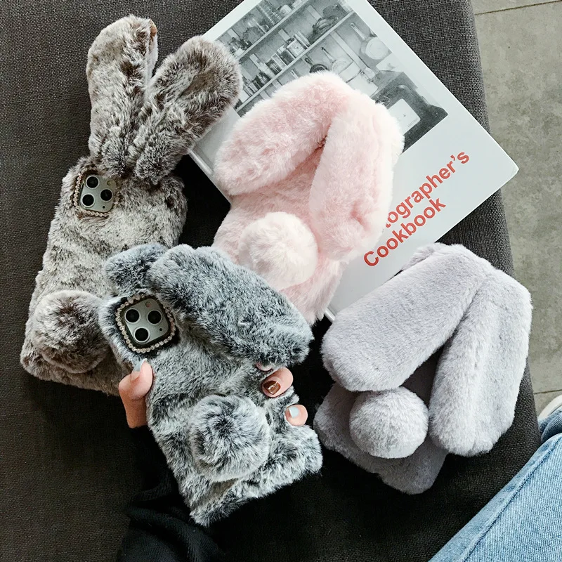

Cute Rabbit Ears Fur Plush Phone Case For iPhone 13 12 Mini 11 Pro Max XS Max XR X SE 2020 6S 7 8 Plus Warm Plush Fluffy Cover