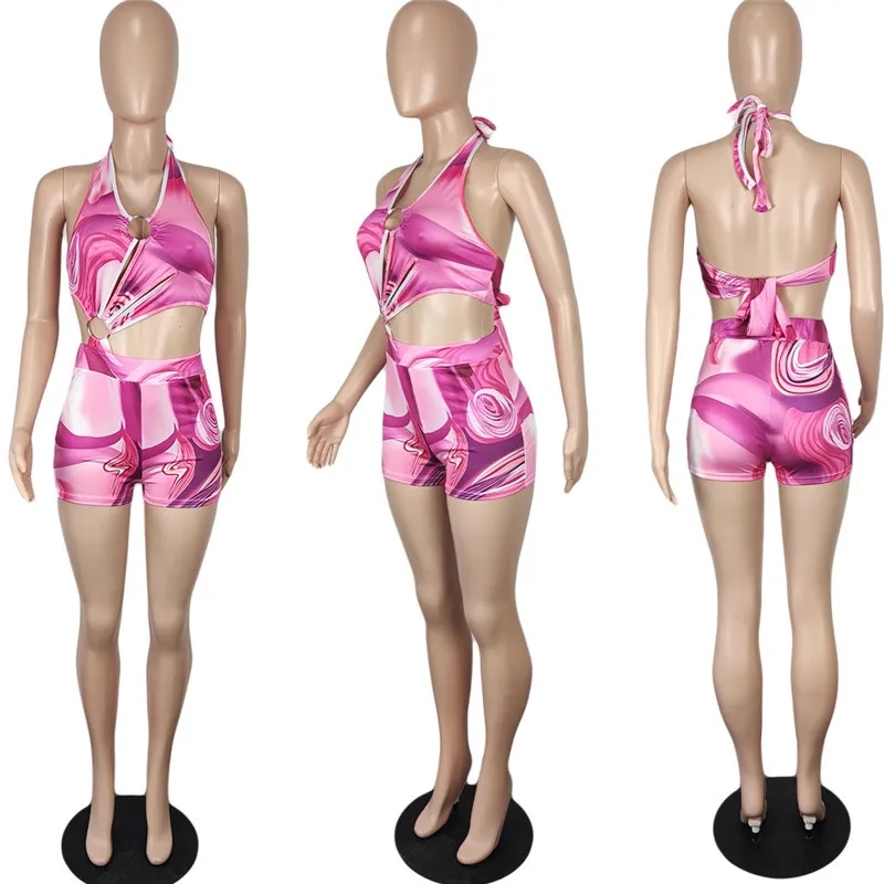 

WUHE Sexy Open Back Skinny Playsuits Print Bandage Lace Up Halter Off Shoulder Sleeveless Hollow Out Party Club Casual Overalls