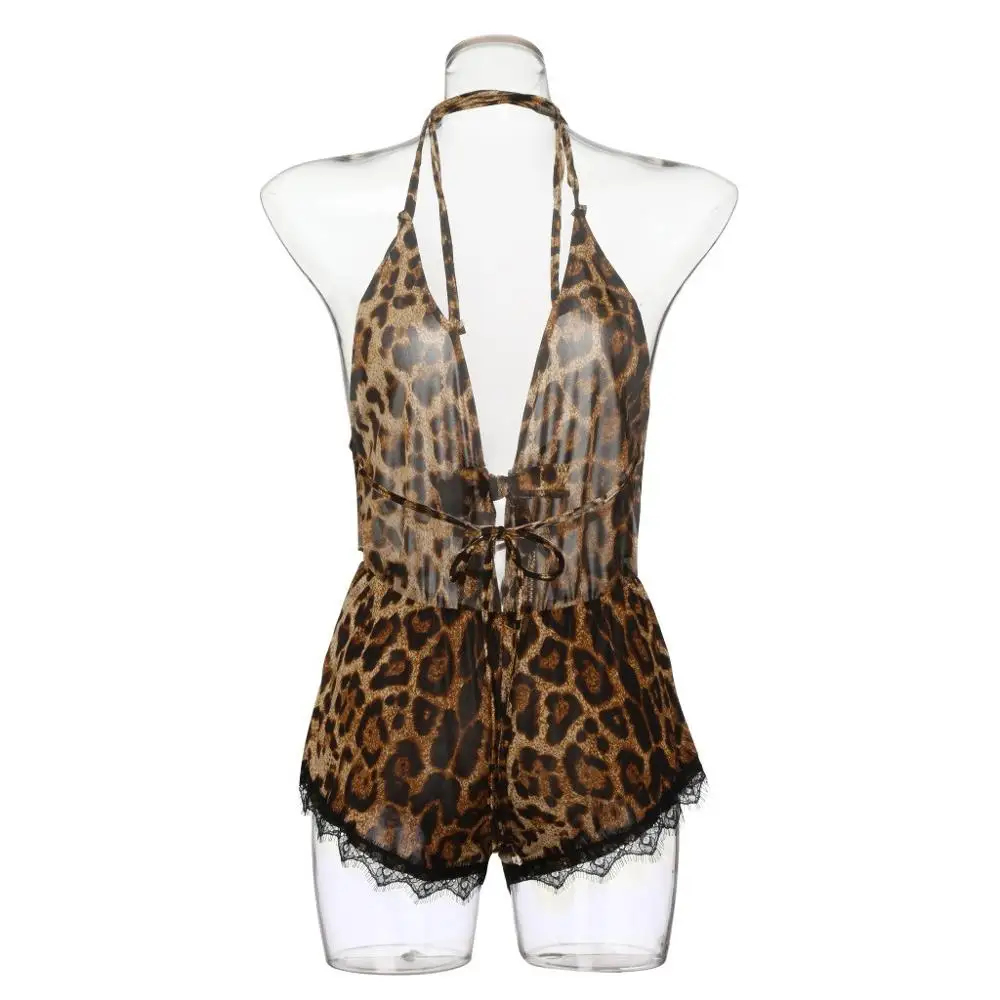 

Women Plus Size Sexy Lingerie Bow Lace Trim Leopard Romper Underwear Nightwear Sleepwear Set Nighties for Women Night
