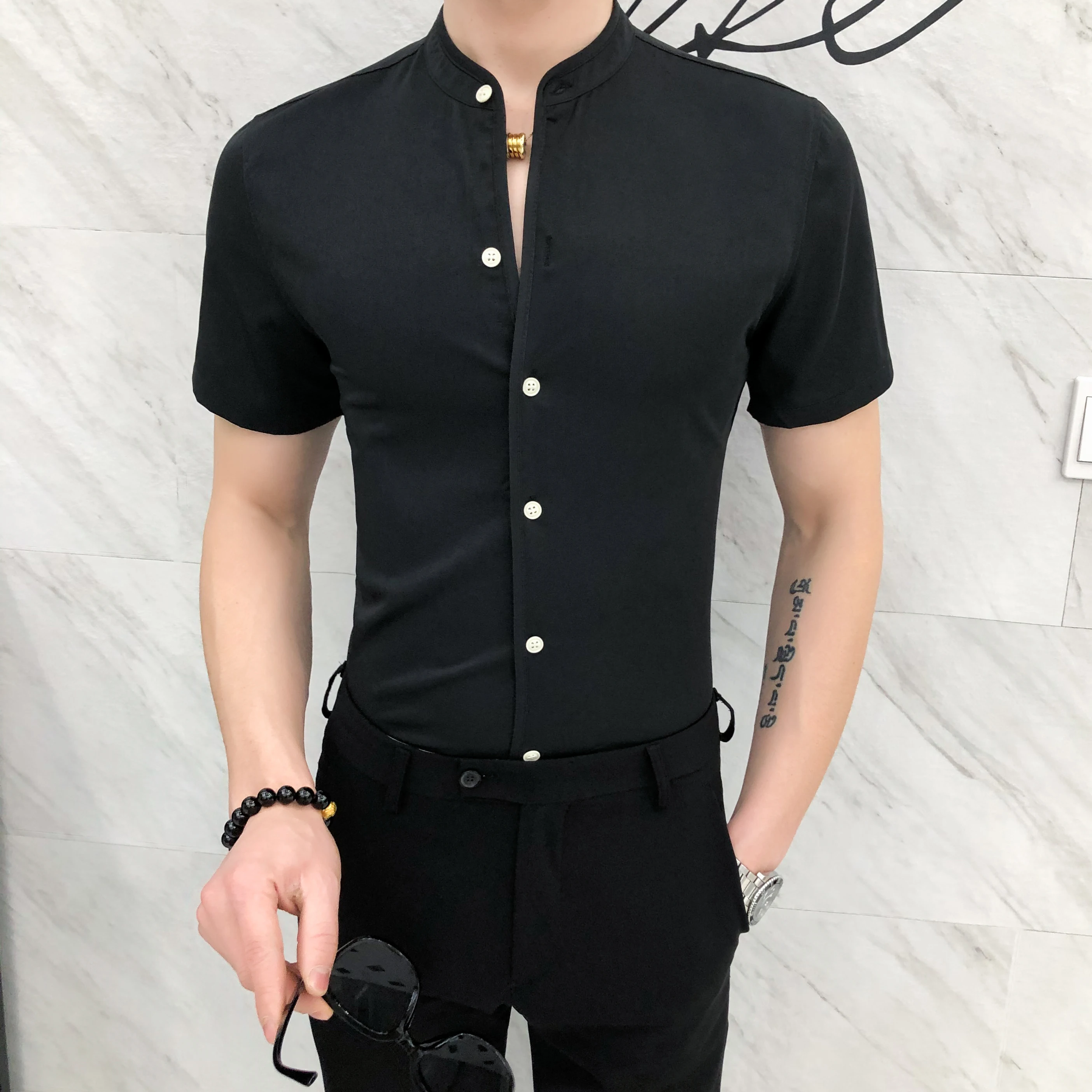 

Nightclub Social Streetwear Party Clothes Blusa Camisa Masculina 2020 Casual Slim Shirt Men Short Sleeve Solid Color Dress Shirt