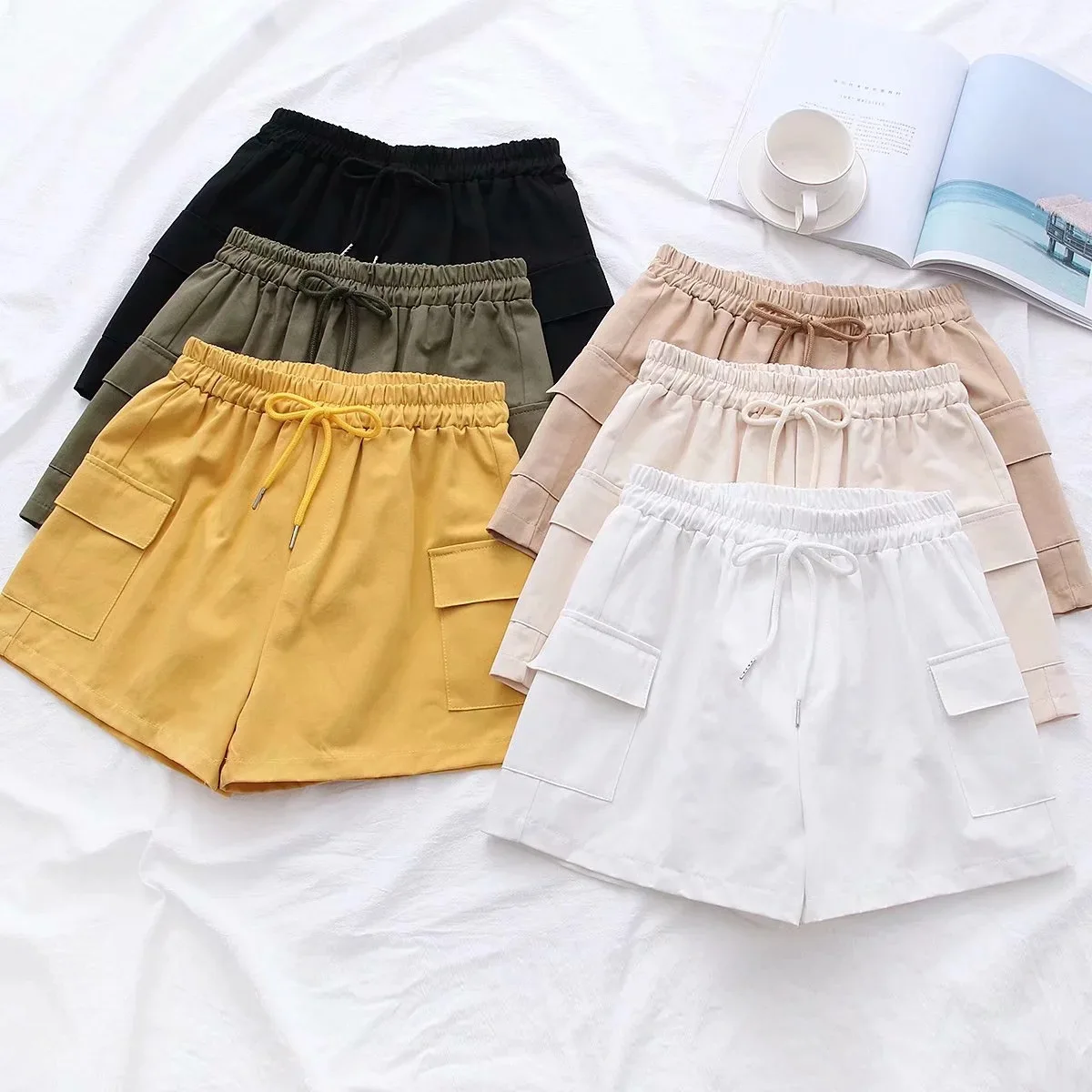 Летние женские шорты на шнуровке эластичные с завышенной талией большие из
