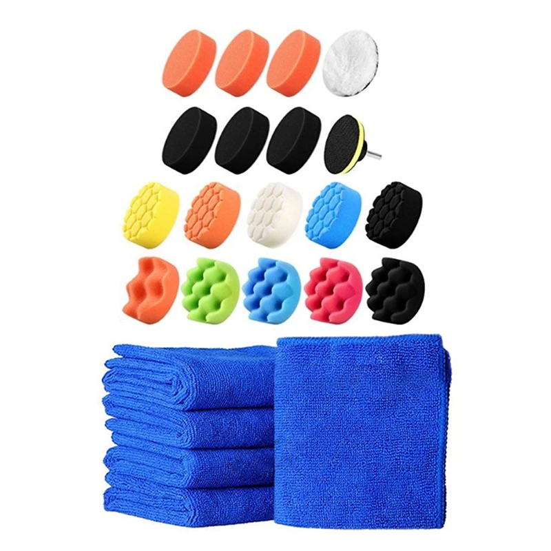 

29 Pcs Car Beauty Clean Tool: 10Pcs Microfiber Towel Car Washing Cloth & 19Pcs Polishing Sponge Foam Pad Waxing Wheel
