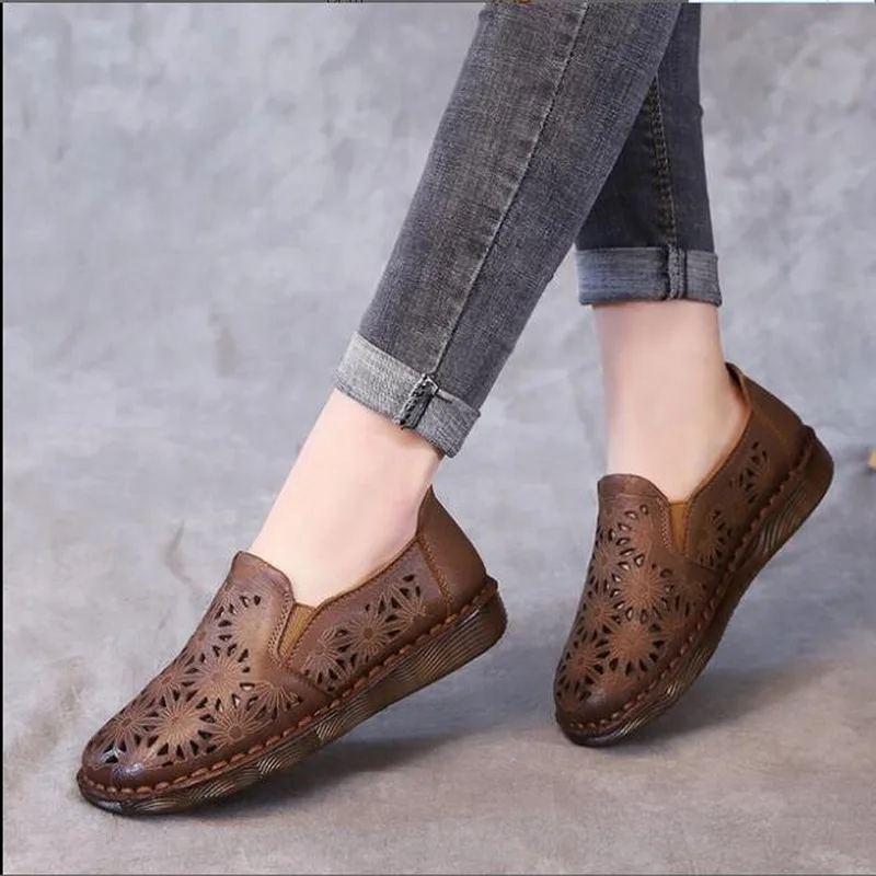 2020 Summer Women Flat Sneakers Shoes Genuine Leather Casual Flats Women Hollow Out  Ladies Slip on Loafers Ballerina Espadrille