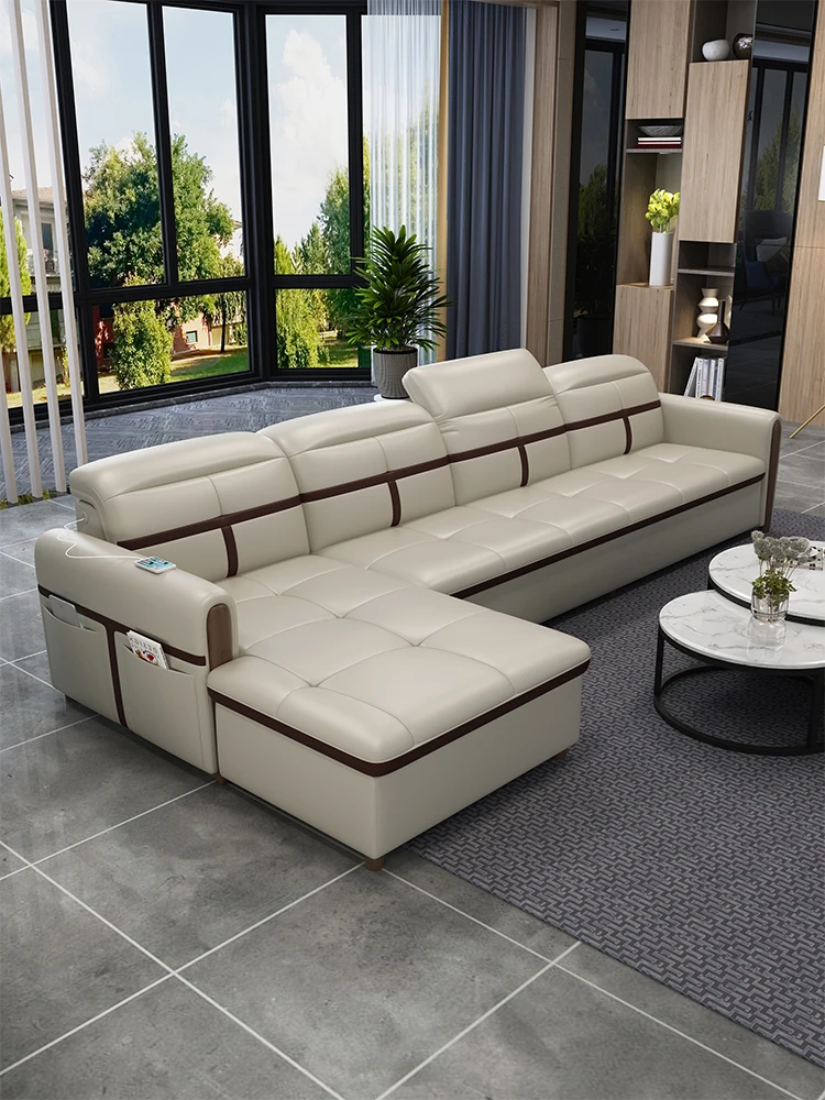 

Modern simple small family living room functional corner top layer leather sofa combination