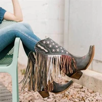 new women shoes fashion trend handmade black pu totem embroidered star embossed tassel pointed toe mid heel western boots ks426