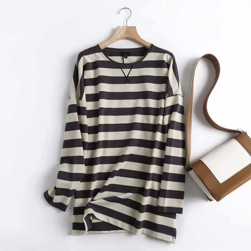 

Retro Womens Tops Brown Classic Striped O Neck Long Sleeve Straight Tshirt Women 2021 Fashion All-Match Ladies Casual T Shirt