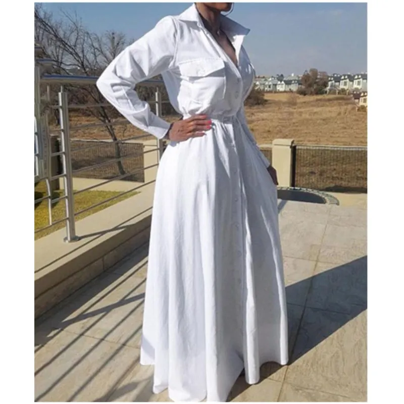 Женское Хлопковое платье-рубашка длинное белое платье большого размера с