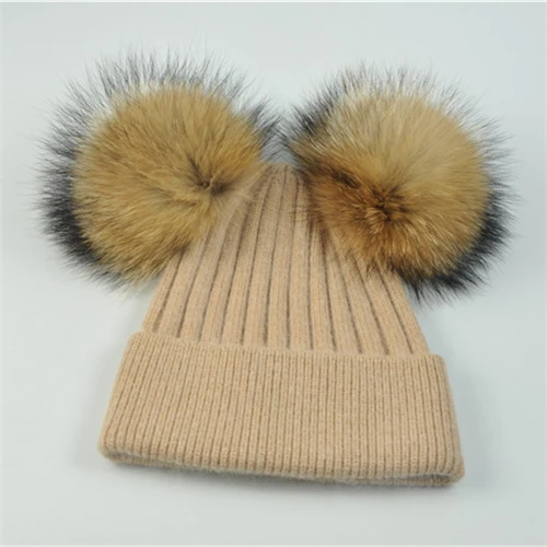 Khaki natural fur Женская зимняя шапка с двойным меховым помпоном, женский шерстяной съемный меховой вязаный шарик, Шапка-бини с 2 натуральными цветными помпонами из меха енота - Цвет: Khaki natural fur