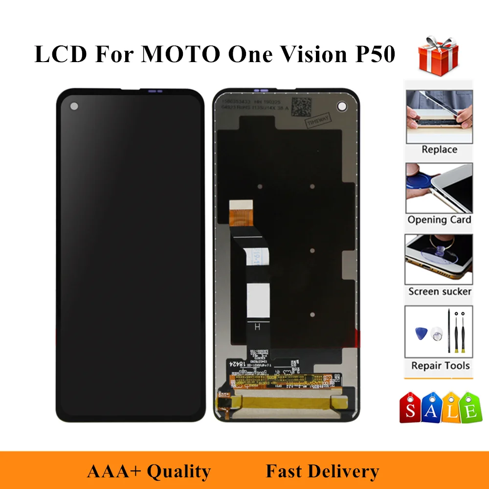 

ЖК-дисплей 6,3 дюйма для Motorola Moto One Vision/ P50 XT1970, сенсорный экран с дигитайзером в сборе, сменная панель + инструменты, черный, без рамки
