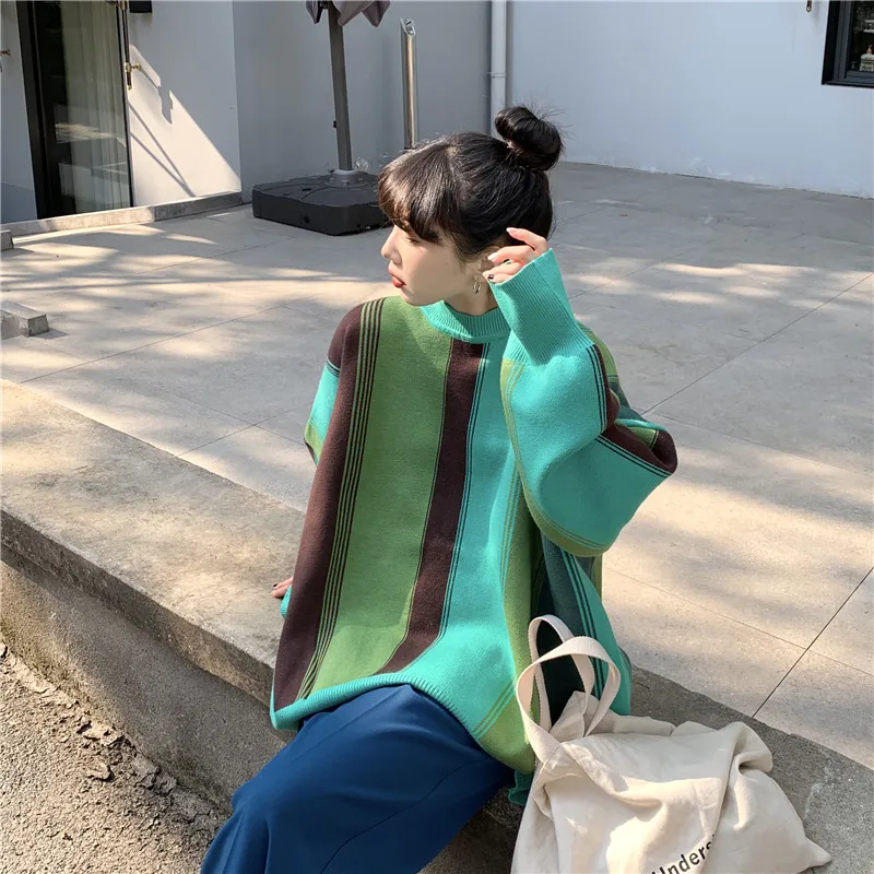 

loose o-neck long sleeve knitted sweaters autumn winter clothes women Korean ins casual ladies tops fashion patchwork pullovers