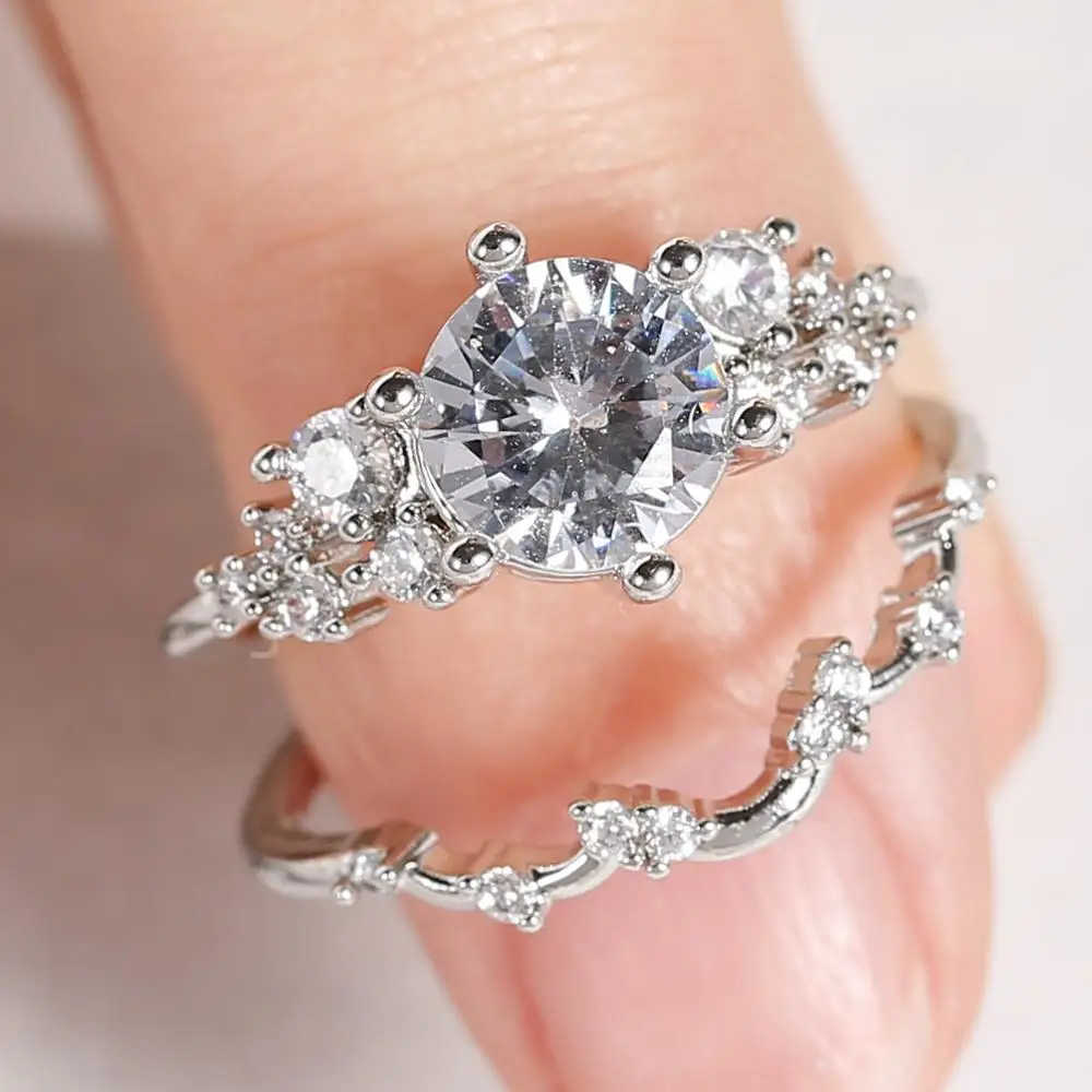 

2 PCS/Set Hot Sale White Zircon Copper Crystal Ring Set For Women Engagement Party Wedding Jewelry Hand Accessories Size 5-11