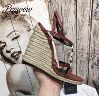 prowow new summer khaki leather metal deco luxury brand wedges sandals women10 cm heels size 41 women sandals shoes women
