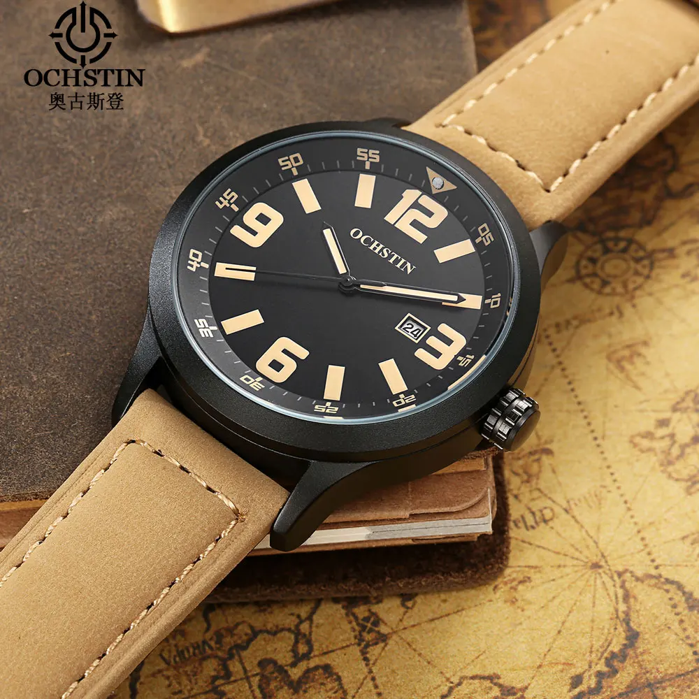 OCHSTIN для мужчин кварцевые модные повседневные часы кожаный ремешок спортивные