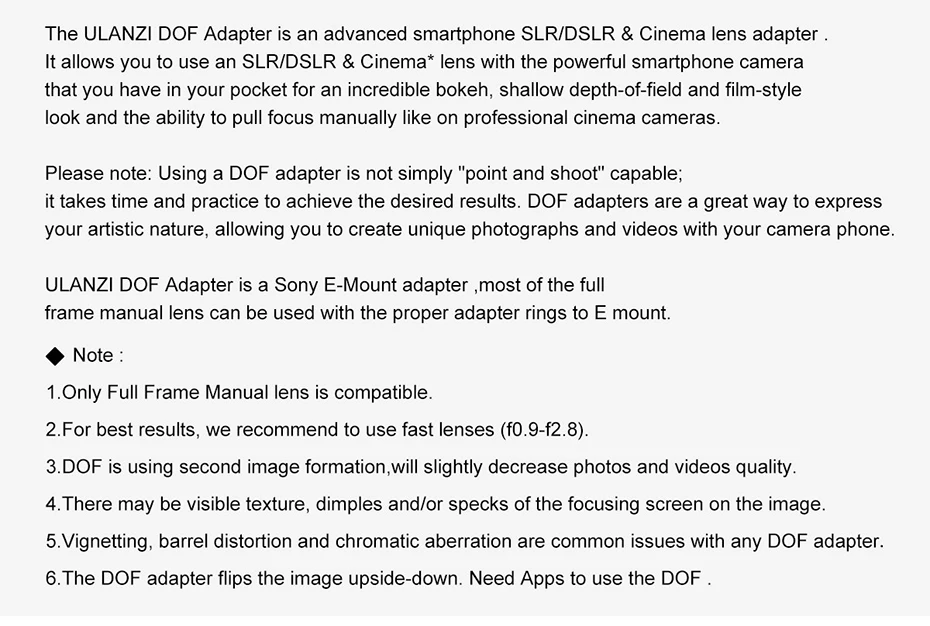 Адаптер Ulanzi DOF E Mount Full Frame camera Lens Adapter адаптер для смартфонов SLR/DSLR& cinema Lens Adapter для телефонов iPhone Andriod