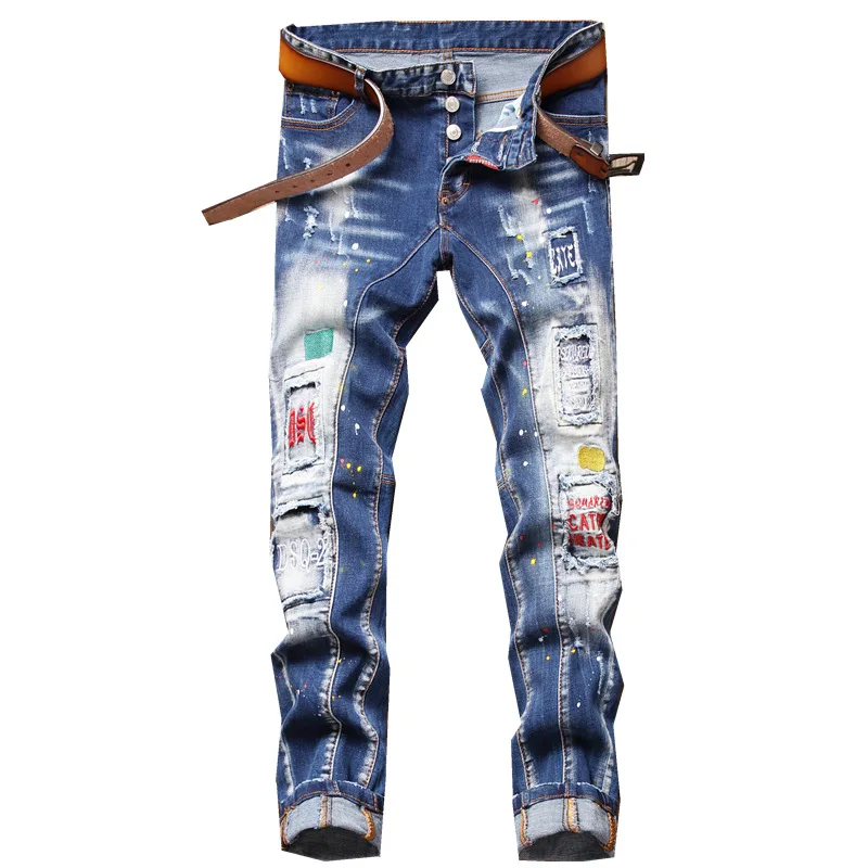 

New Fashion Europe Men's Brand Jeans Slim Fit Stretch Patch Broke Hole Denim Pants Hip Hop Ripped Jeans Trousers DSQ1211