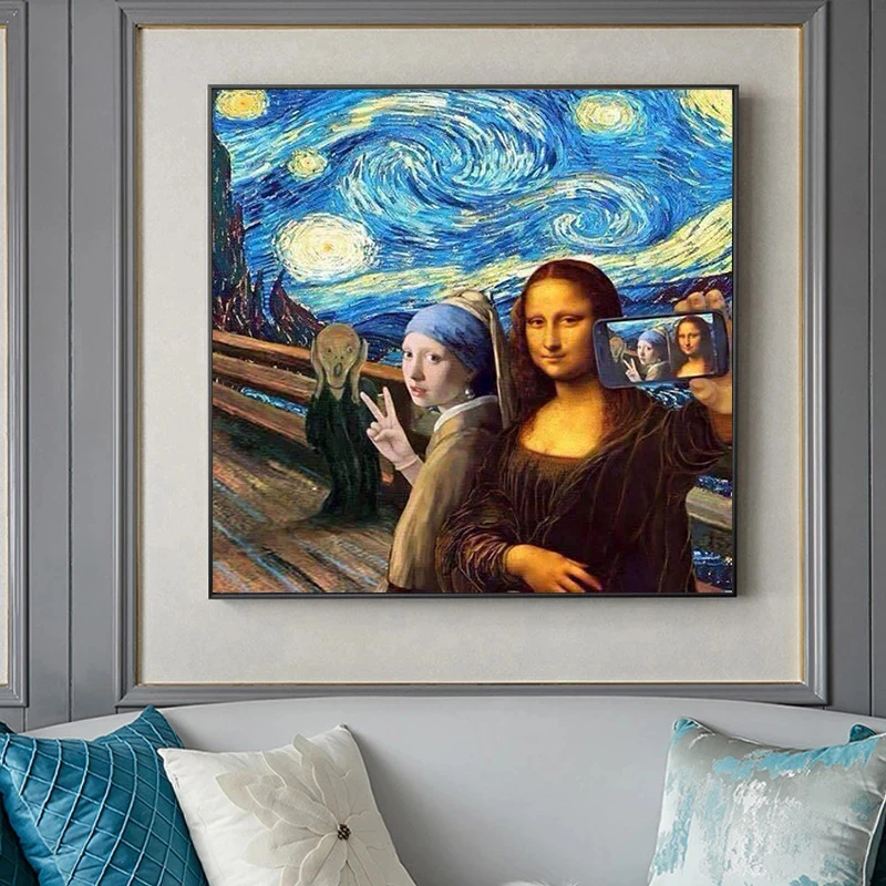 

Funny Art Mona Lisa Girl And With Pearl Earrings Selfie Canvas Painting Posters and Prints Wall Art Pictures Home Decor Cuadros
