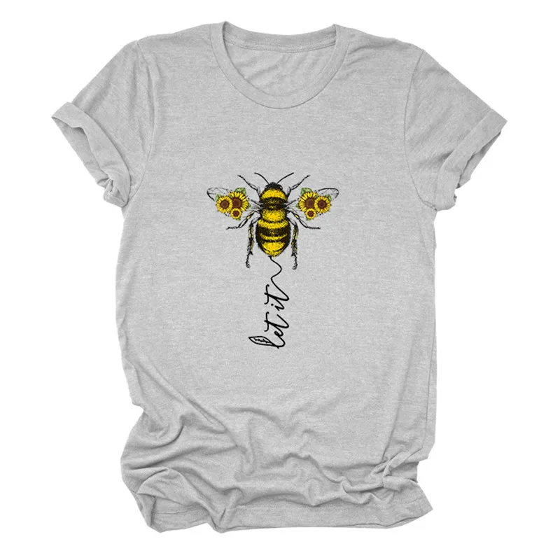 

Women Let It Bee Sunflowers Funny Trendy Aesthetic Soft Hipster Floral Tee Casual Summer Top Streetwear Gray T-Shirt