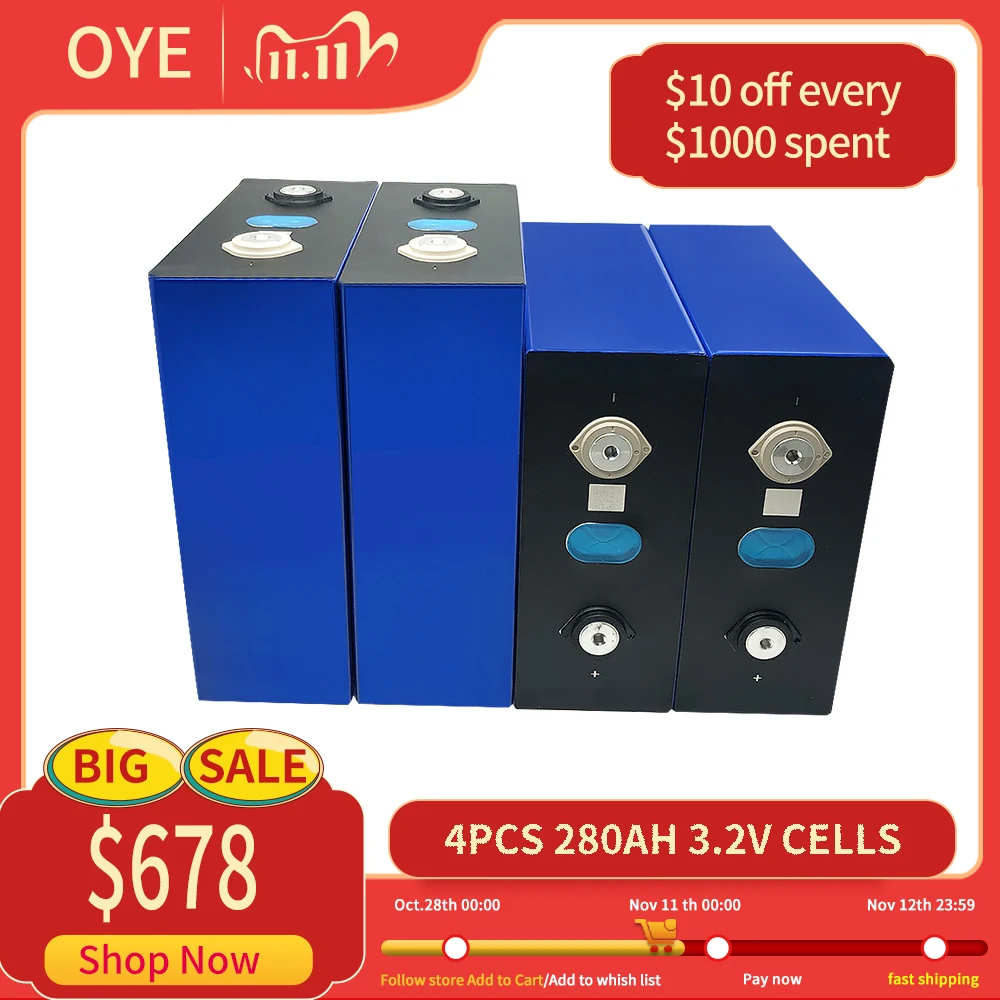 

NEW 4pcs 3.2v 280ah Lifepo4 Rechargeable Battery Cell Lithium Iron Phosphate Solar Energy Storage System Grade A EU US Tax Free