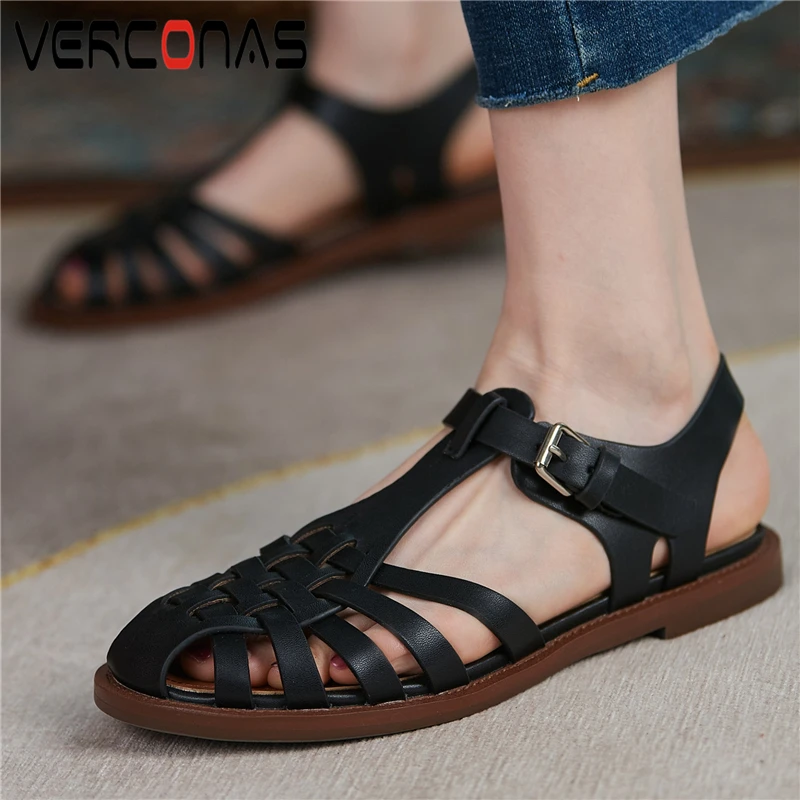 

VERCONAS Summer Gladiator Women Sandals Weave Rome Style Low Heels Concise Retro Working Casual Comfortable Buckle Shoes Woman