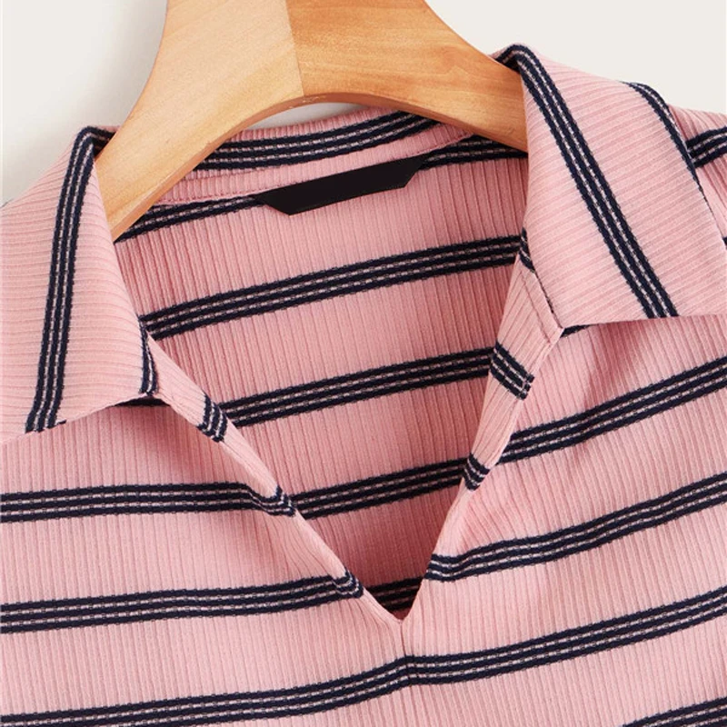 Romwe Sport Collared футболка в полоску с v-образным вырезом, женская летняя укороченная футболка с короткими рукавами, спортивные топы для бега, облегающая спортивная одежда