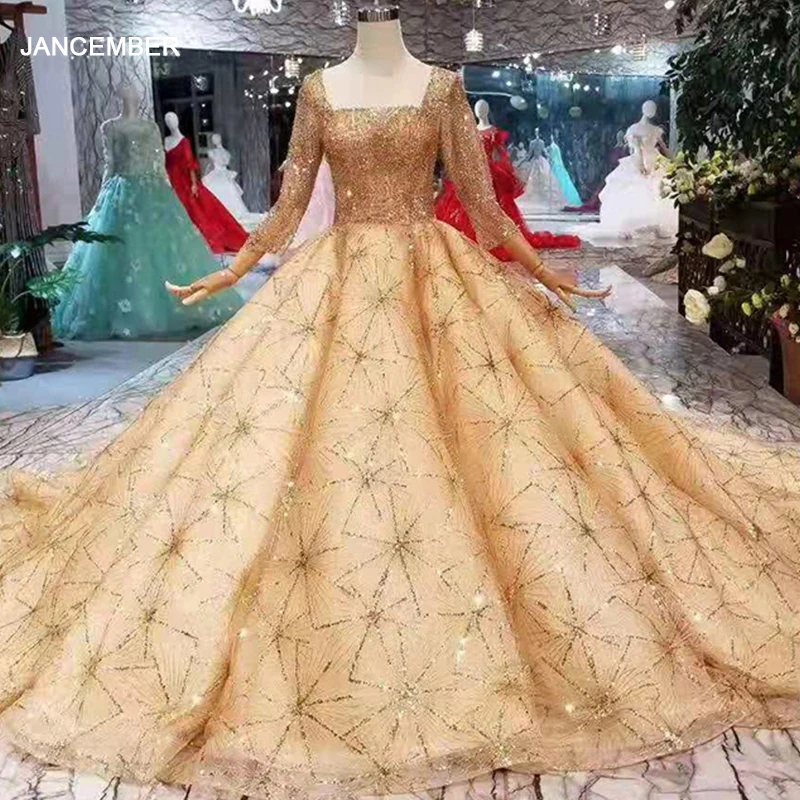 LS11081 Золотое свадебное платье роскошный квадратный ворот длинный рукав