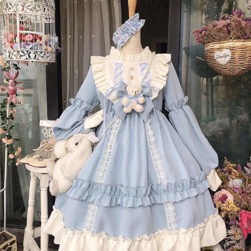 

Japanese Gothic Lolita Dress Women Kawaii Bow Bear Lace Blue Dress Long Sleeve Princess Dress Female Cute Sweet Party Vestido