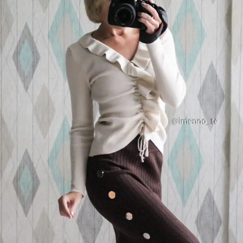 Женский пуловер с оборками GIGOGOU мягкий офисный v-образным вырезом трикотажный