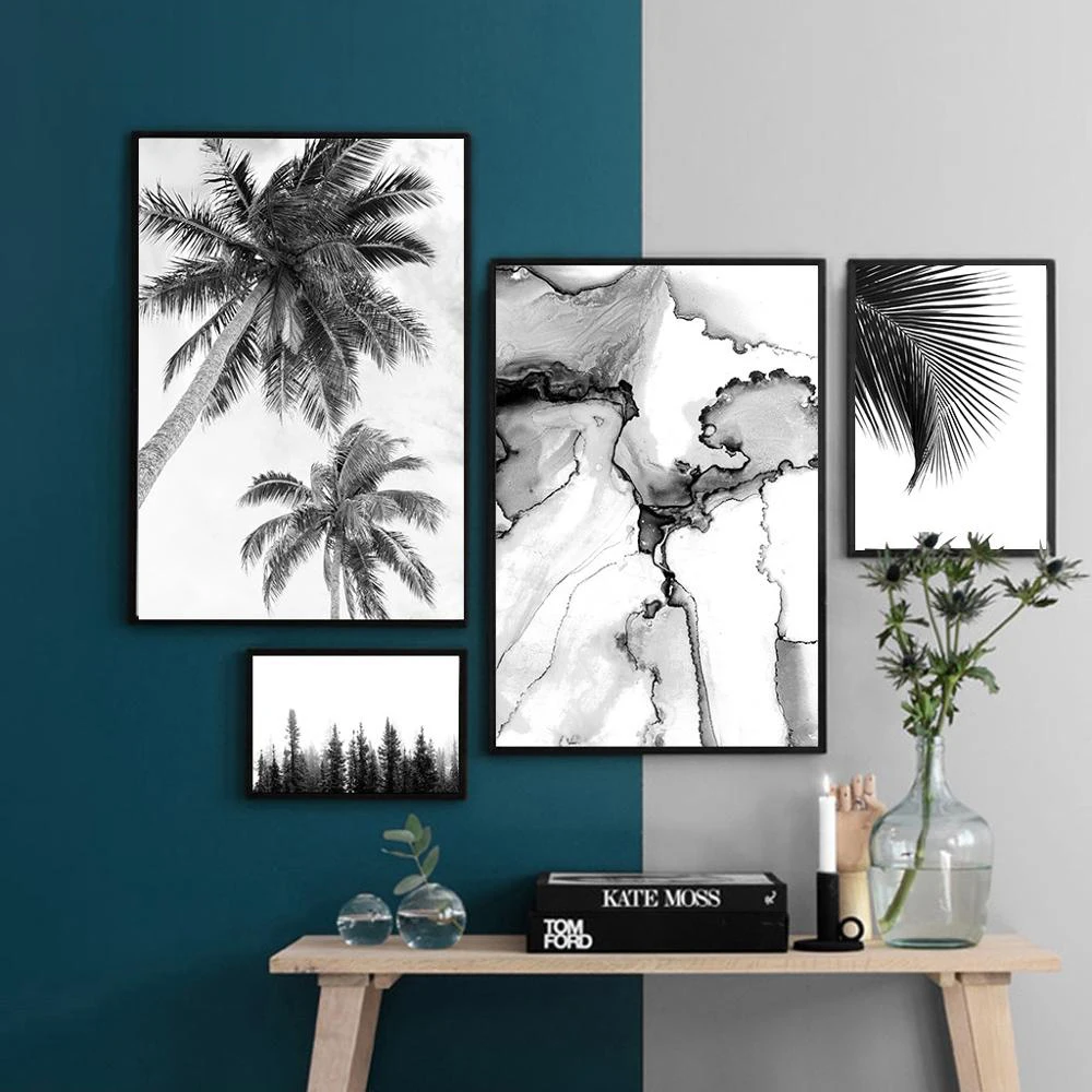 Фото Schwarz Weiß Wand Kunst Leinwand Malerei Minimalistischen Pflanze Landschaft Плакат Nordic Stil Bild Домашний декор №2