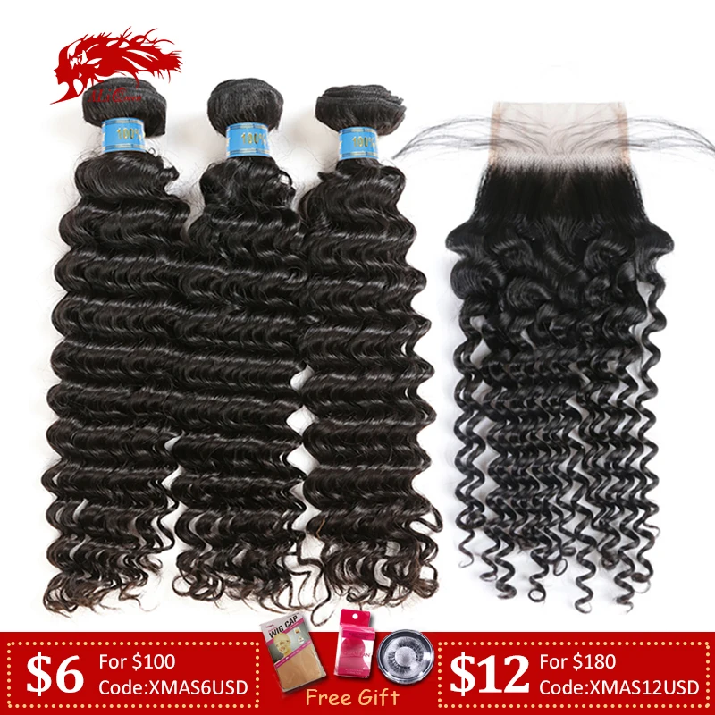 Ali queen hair средний коэффициент 7А перуанские девственные волосы глубокая волна кудрявые человеческие волосы пряди с закрытием 3 пряди с закрытием