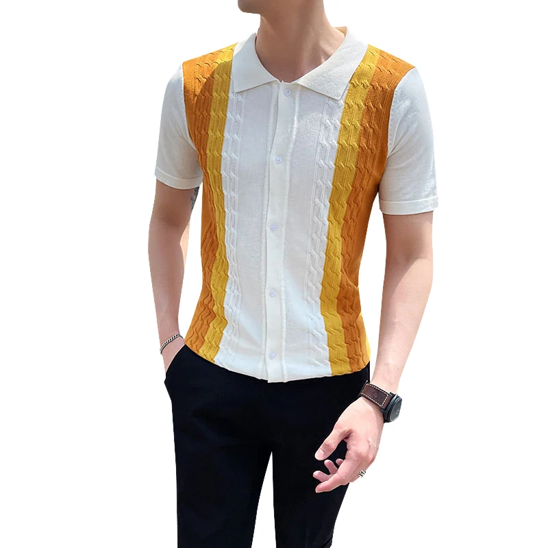 

Fashion 2021 Summer Single Breasted Short Sleeve Polo Shirts Men Clothing Patchwork Color Slim Fit Casual Knitted Tee Shirt 3XL