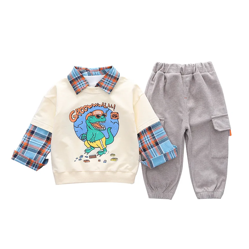 

Baby Girls Casual Clothing Sets 2021 Spring Toddler Boys Clothes Cartoon Patchwork Plaid T Shirt +Pants Children Kids Clothes