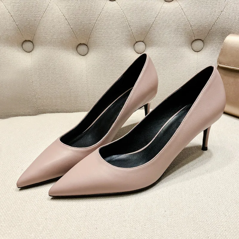 2022 New Women 6CM/8CM Thin High Heeled Pointed Toe Shoes Spring Autumn Genuine Leather Pumps Ladies Summer Wedding Shoes N0007