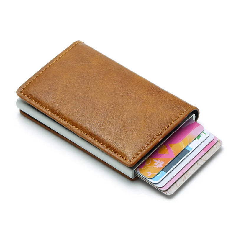 

New RFID Fashion Credit Card Holder Small Wallet Men Metal Aluminium Case Bag PU Leather Bank ID Cardholder For Women Purse