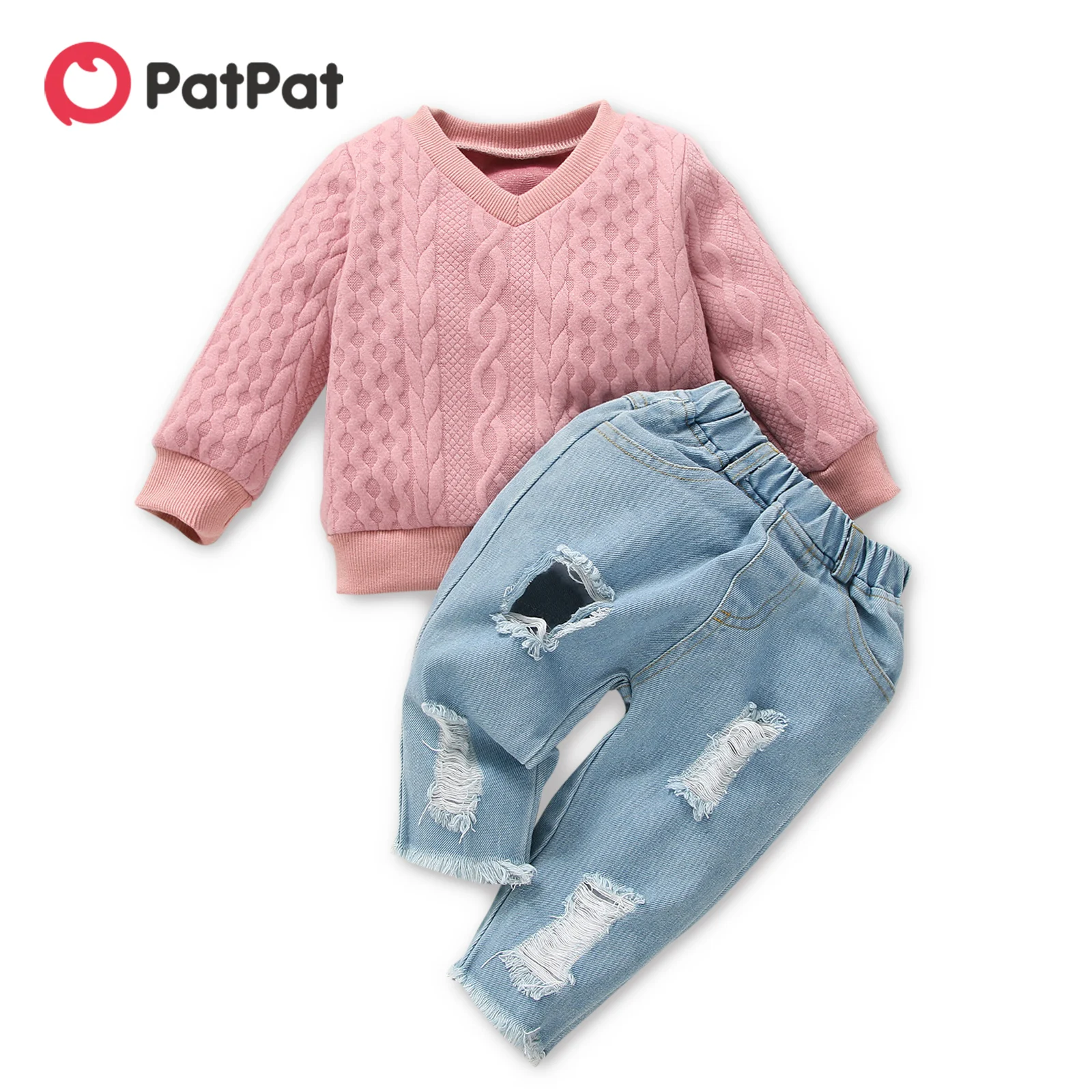 

PatPat 2pcs Baby Girl Imitation Knitting Long-sleeve Pullover and Ripped Jeans Set