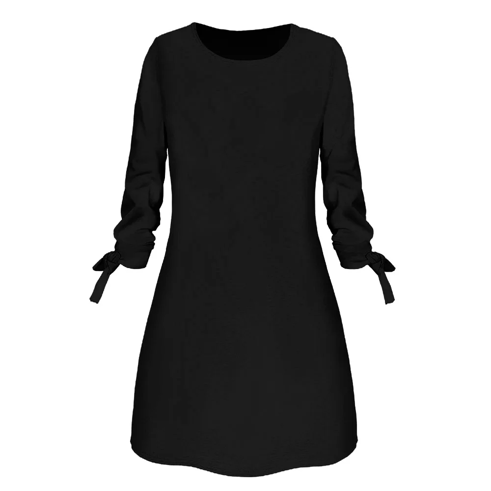 

Spring New Fashion Solid Color Dress Casual O-Neck Loose Dresses 3/4 Sleeve Bow Elegant Beach Female Vestidos Plus Size