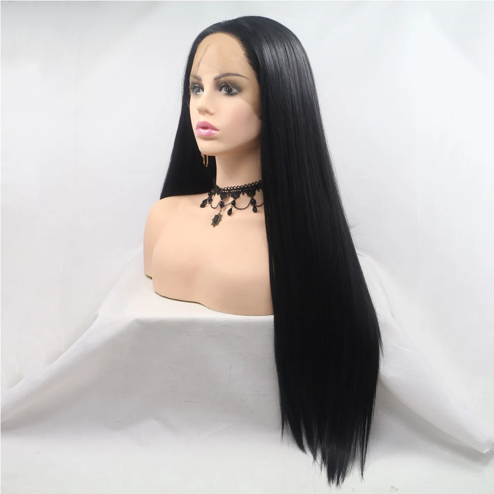 

Black Wigs Long Straight Synthetic 12*1 T Part Lace Wig Dark Black Soft Natural Hair Replacement Full Wig Heat Resistant