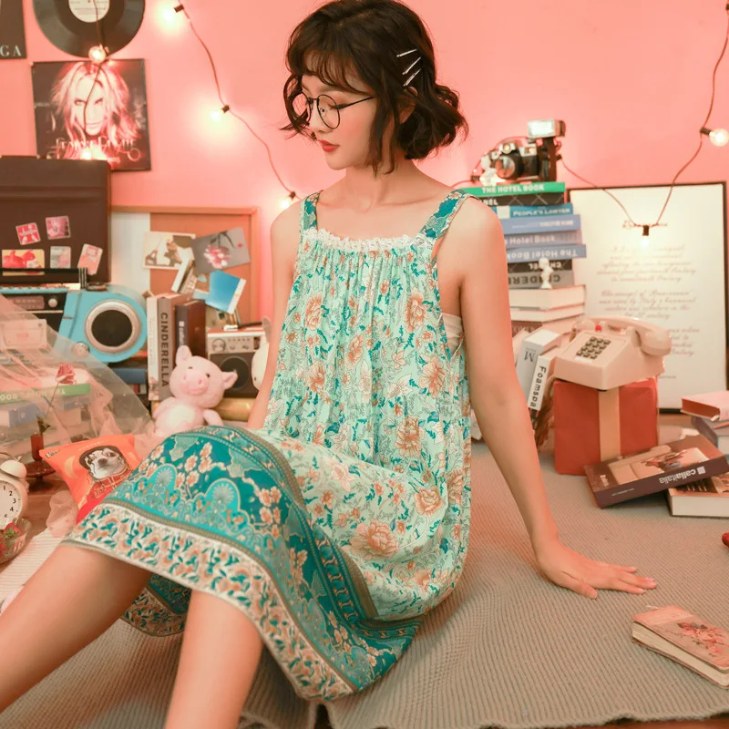 

Women's summer thin rayon silk cartoon printed home wear cute loose pajamas