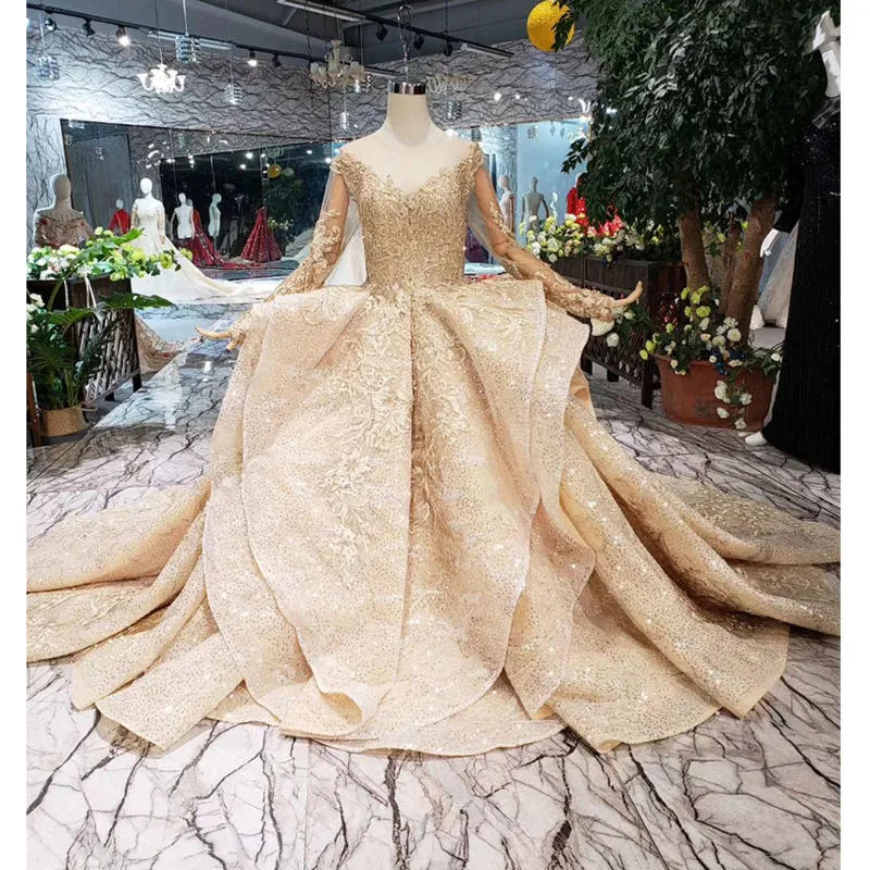 BGW 22722ht Золотое Пышное вечернее платье из тюля с круглым вырезом и длинным рукавом