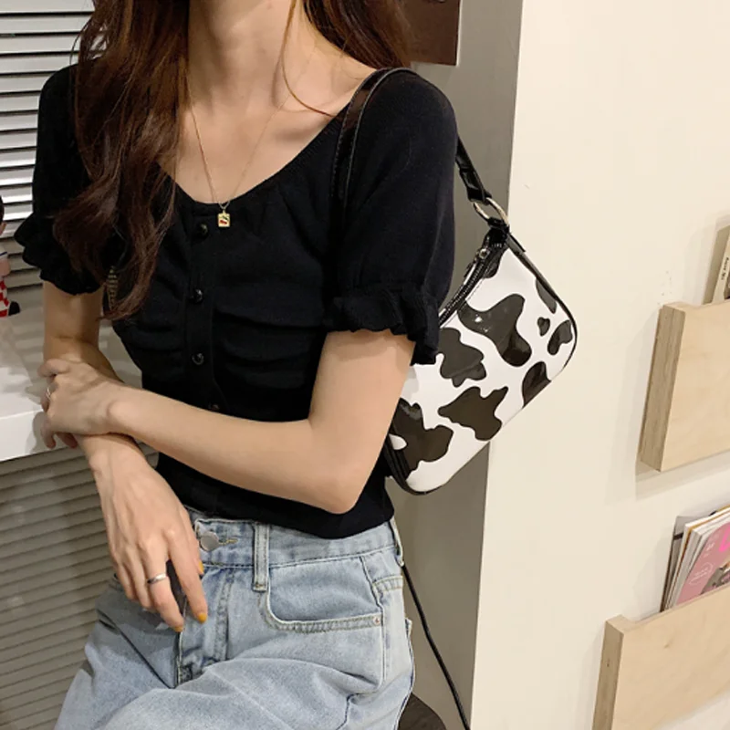 

Cow Pattern Baguette Bag For Women Fashion Messenger Shoulder Bags Designer Zipper Female Vintage Cute Bag Handbag And Purses